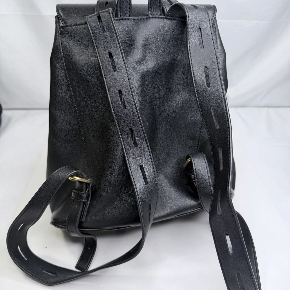 Love Moschino Black Faux Leather Backpack Gold Logo Front Pocket Bag